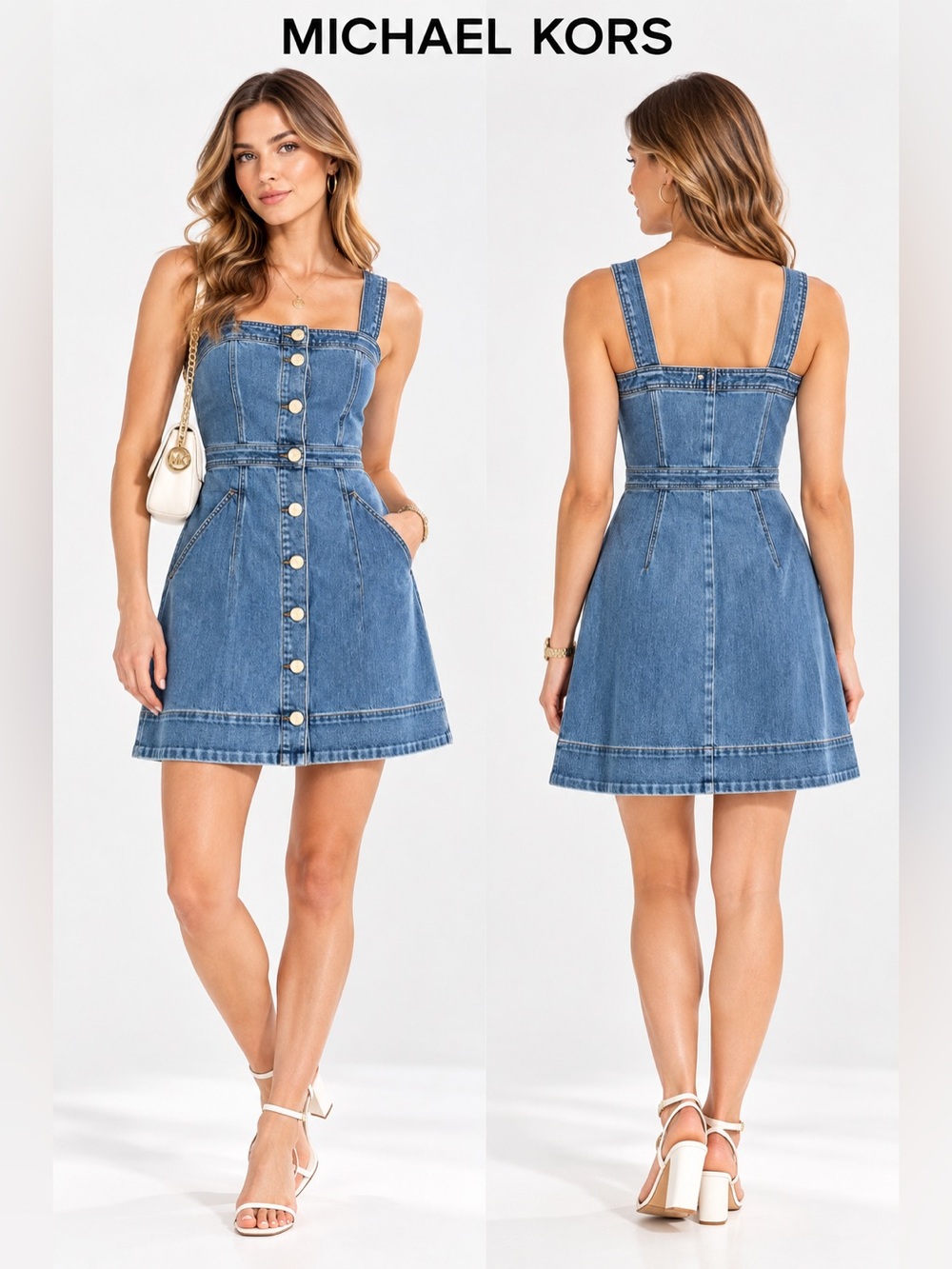 NWT Michael Kors Denim Button-Front Mini Dress in Blue